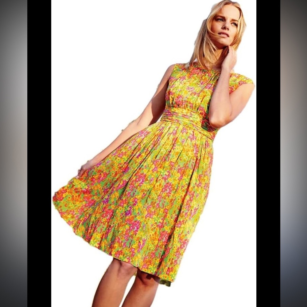 Boden Selena Bright Floral Pleated Dress 8P Yellow Pink Retro